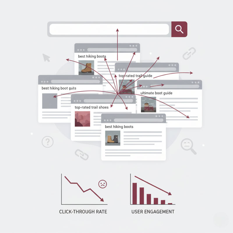 Minh họa hiện tượng keyword và content cannibalization trong SEO, ảnh hưởng thứ hạng và hiệu suất website.