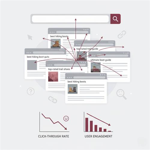 Minh họa hiện tượng keyword và content cannibalization trong SEO, ảnh hưởng thứ hạng và hiệu suất website.