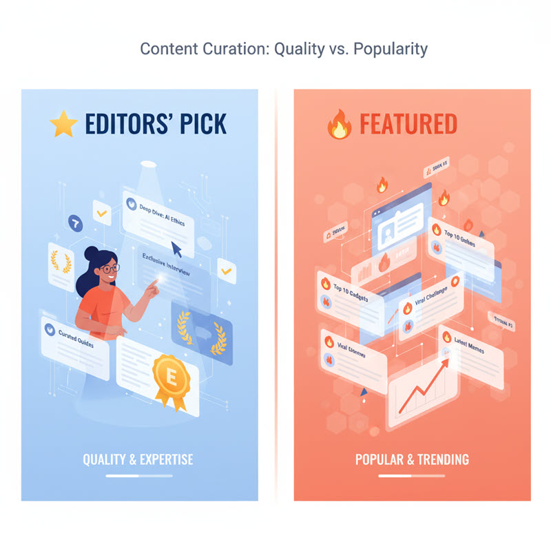 Khám phá sự khác biệt giữa Editors Pick và Featured, cách nhận diện nội dung nổi bật do biên tập viên hay thuật toán đề xuất.