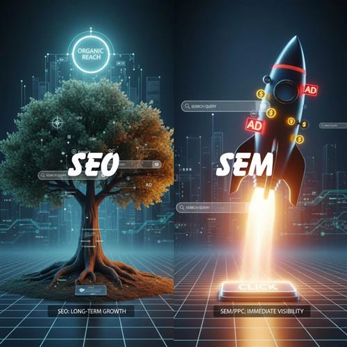 Sự khác biệt cốt lõi giữa SEO và SEM (gồm PPC): SEO tăng traffic miễn phí, bền vững nhưng chậm; SEM (PPC) tăng traffic tức thì nhưng tốn chi phí. Cần kết hợp cả hai.
