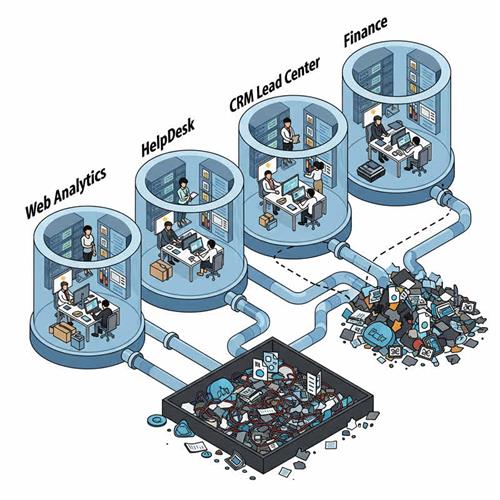 Dữ liệu từ các silo rời rạc đổ ra bãi rác số, phản ánh sự lãng phí và thiếu kết nối trong hệ thống Big Data doanh nghiệp.