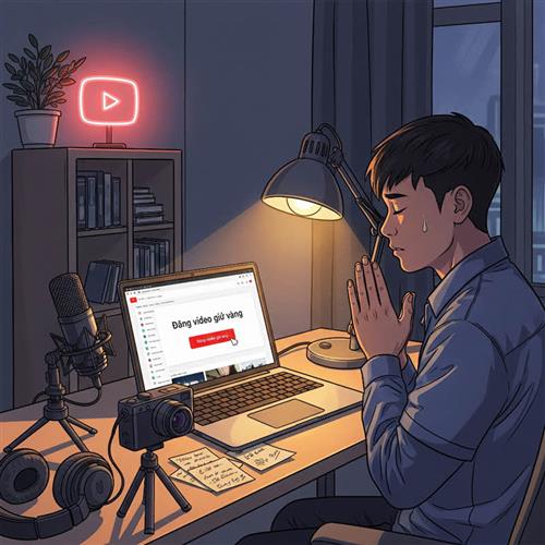 Youtuber cầu nguyện trước màn hình với nút “Đăng video giờ vàng”, hồi hộp chuẩn bị đăng video mới lên YouTube.