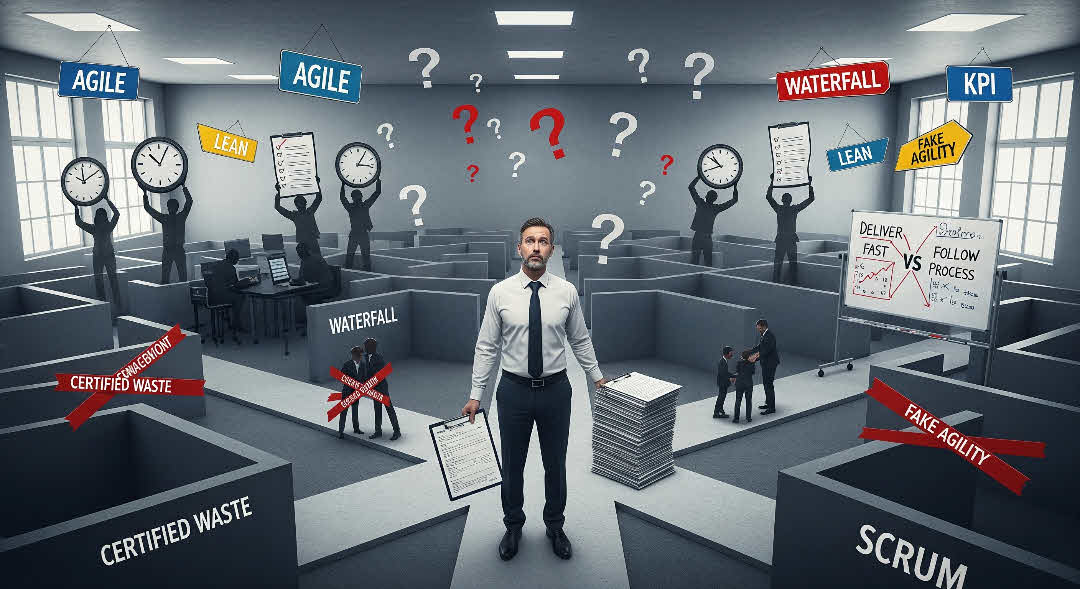 50 câu hỏi tu từ phơi bày nghịch lý trong quản lý dự án khi Agile, Lean, Scrum bị áp dụng sai và biến tướng thành hình thức.