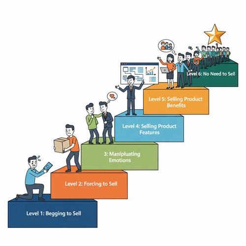 Minh họa 6 cấp độ bán hàng: từ năn nỉ, ép buộc, dụ dỗ đến bán lợi ích và đỉnh cao không cần bán.
