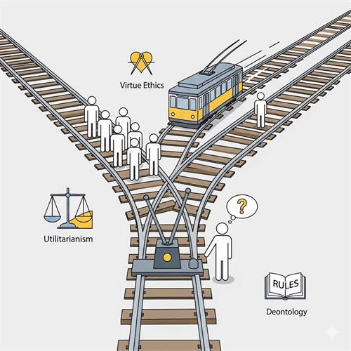 Bài toán xe điện - tàu chở hàng (Trolley Problem) và các góc nhìn đạo đức: Utilitarianism, Deontology, Virtue Ethics, Consequentialism.