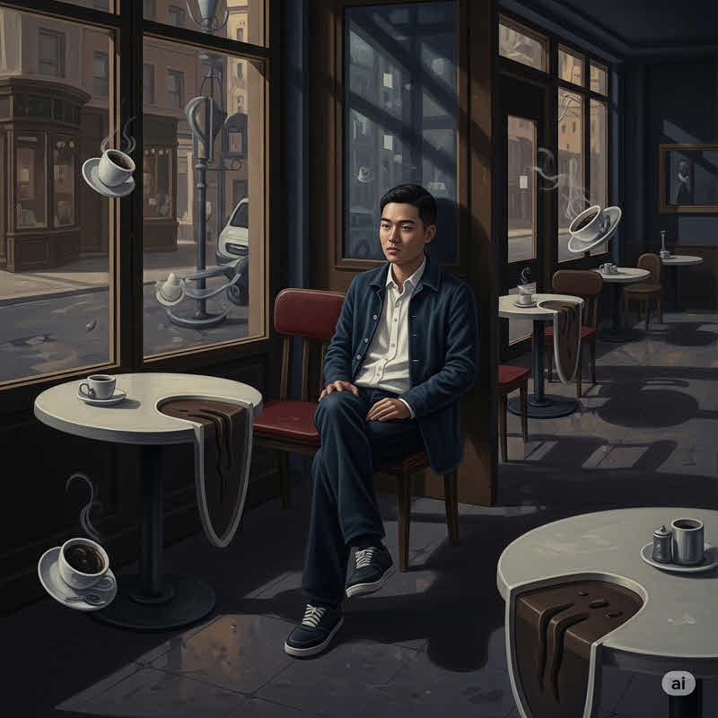 Người đàn ông lạnh lùng ngồi trầm tư trong góc tối quán cafe, tách biệt giữa không gian ồn ào của những người trẻ xung quanh.