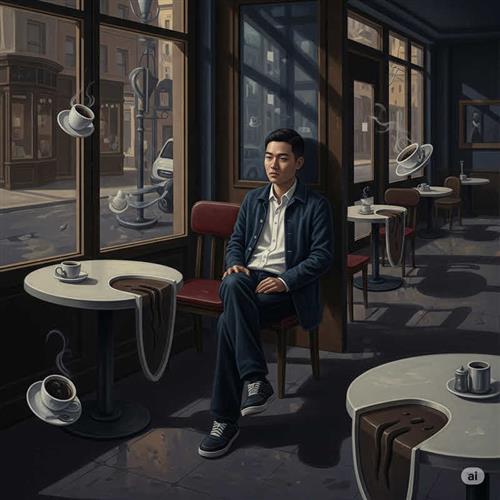 Người đàn ông lạnh lùng ngồi trầm tư trong góc tối quán cafe, tách biệt giữa không gian ồn ào của những người trẻ xung quanh.