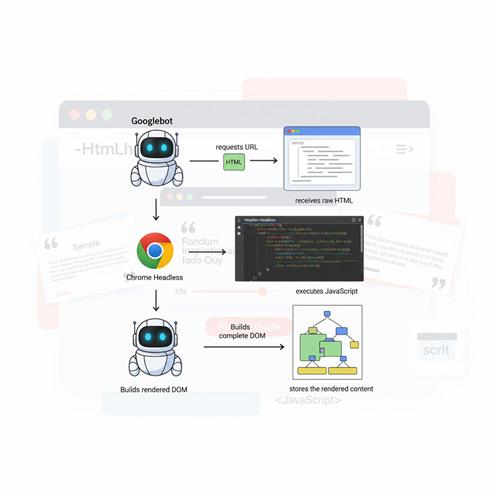 Googlebot xử lý nội dung động như JavaScript và random quote ra sao? Minh họa cách crawl, render và index nội dung web.