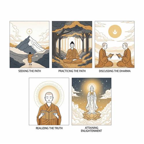 Hành trình 5 bước giác ngộ trong Phật giáo: cầu đạo, tu đạo, bàn đạo, liễu đạo và thành đạo – ứng dụng sâu sắc trong đời sống.