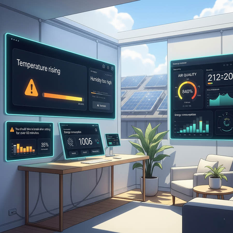 Chuyển đổi số ngôi nhà với dashboard thông minh, cảnh báo môi trường, lời nhắc nghỉ ngơi và năng lượng xanh từ pin mặt trời.