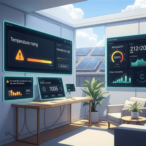 Chuyển đổi số ngôi nhà với dashboard thông minh, cảnh báo môi trường, lời nhắc nghỉ ngơi và năng lượng xanh từ pin mặt trời.