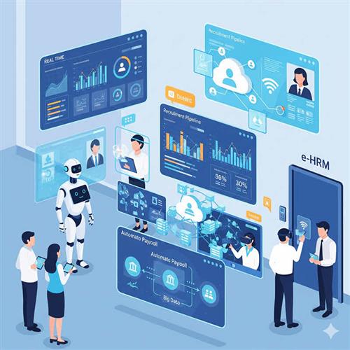 Minh họa e-HRM trong kỷ nguyên 4.0: AI tuyển dụng, phân tích dữ liệu, điện toán đám mây và đào tạo thực tế ảo.
