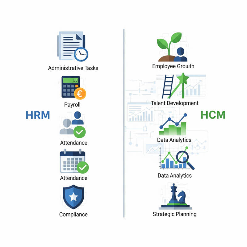 So sánh HCM và HRM: quản trị vốn nhân lực chiến lược so với quản lý nhân sự hành chính.
