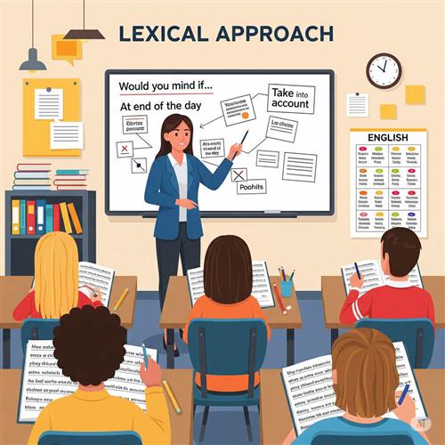 Minh họa phương pháp Lexical Approach với lớp học tiếng Anh, bảng chứa cụm từ vựng và học viên ghi chú các lexical chunks.