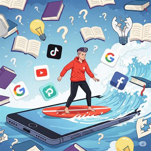 Minh họa hiện tượng kiến thức lướt: học nông, hiểu sai do lướt mạng xã hội và thiếu tư duy phản biện.