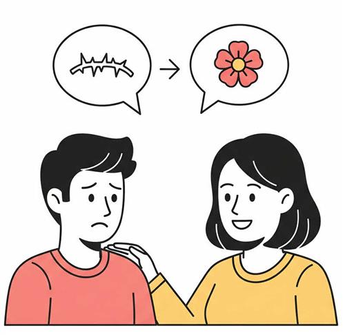 "Minh họa cuộc trò chuyện có lời chỉ trích kèm theo lời khen — biểu đạt nghĩa 'nói vuốt đuôi' trong tiếng Anh."