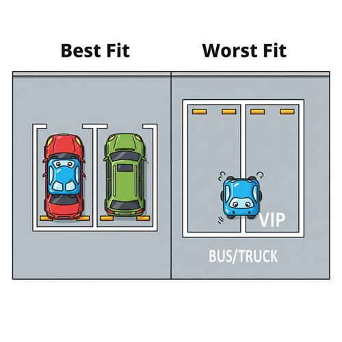 So sánh vui giữa Best Fit và Worst Fit qua ví dụ đỗ xe: chọn chỗ vừa khít vs chọn chỗ rộng nhất, gây lãng phí.