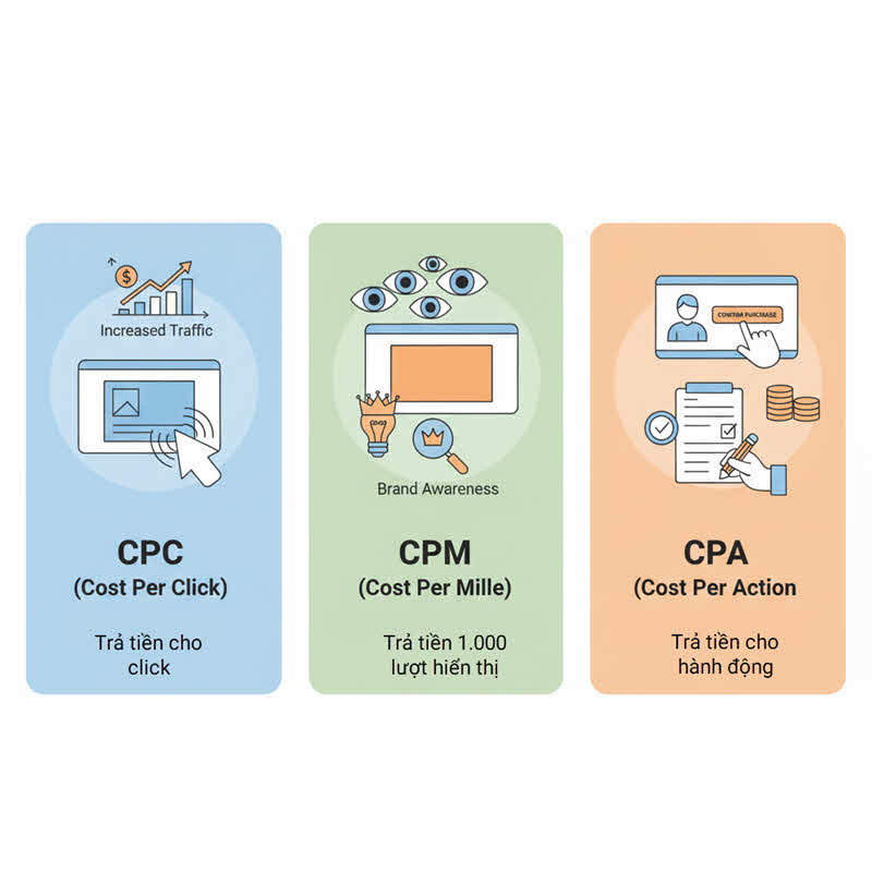 CPC, CPM và CPA: so sánh mô hình quảng cáo trực tuyến, tối ưu traffic, branding và doanh thu cho nhà quảng cáo & publisher.