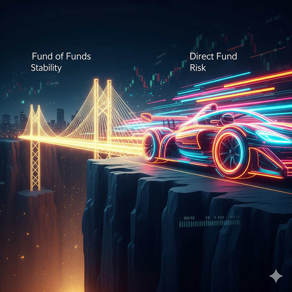So sánh Fund of Funds (ổn định, đa dạng) và Direct Fund (rủi ro cao, cơ hội bứt phá) trong chiến lược đầu tư.