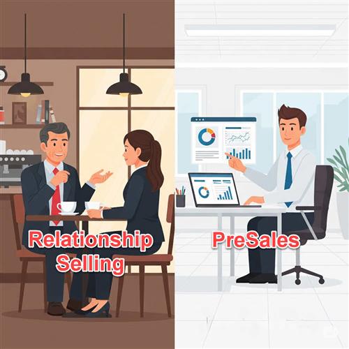 Minh họa sự khác biệt giữa Relationship Selling và Presales trong chiến lược bán hàng dựa trên xây dựng mối quan hệ và tư vấn trước bán.
