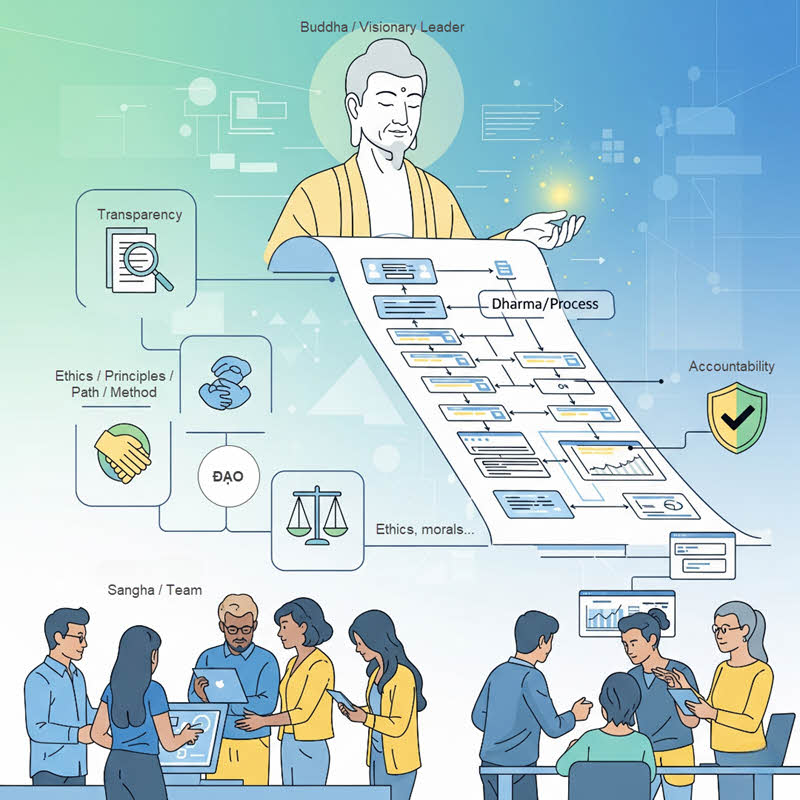Minh họa Tam Bảo + Đạo trong quản lý dự án IT: leader, quy trình, team và nguyên tắc làm việc tích hợp hiệu quả.