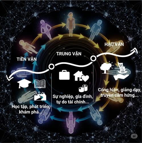 Sơ đồ minh họa ba giai đoạn cuộc đời: Tiền Vận, Trung Vận và Hậu Vận với ý nghĩa, mục tiêu và định hướng riêng biệt.