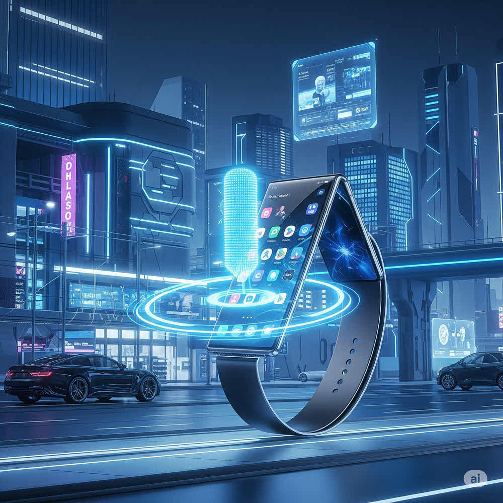 Tương lai smartphone 2025–2030: AI tích hợp, màn hình cuộn, điều khiển không chạm, thiết kế đeo tay và giao diện thực tế tăng cường.