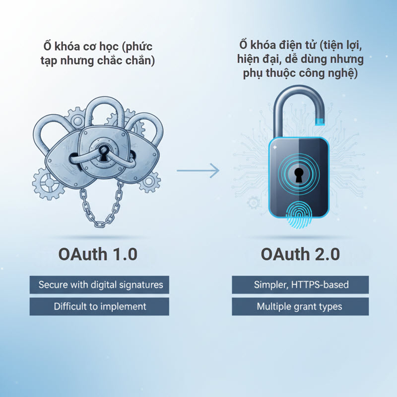 So sánh nhanh OAuth 1.0 và OAuth 2.0: bảo mật, độ phức tạp, token, grant types và trách nhiệm bảo mật.