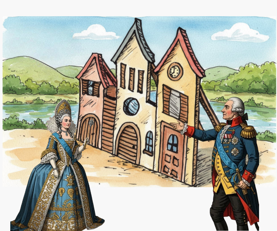 Ẩn dụ "Làng Potemkin" (Potemkin Village) chỉ sự dàn dựng giả tạo (do Grigory Potemkin thực hiện năm 1787) nhằm che giấu sự thật, lừa dối về sự trù phú.