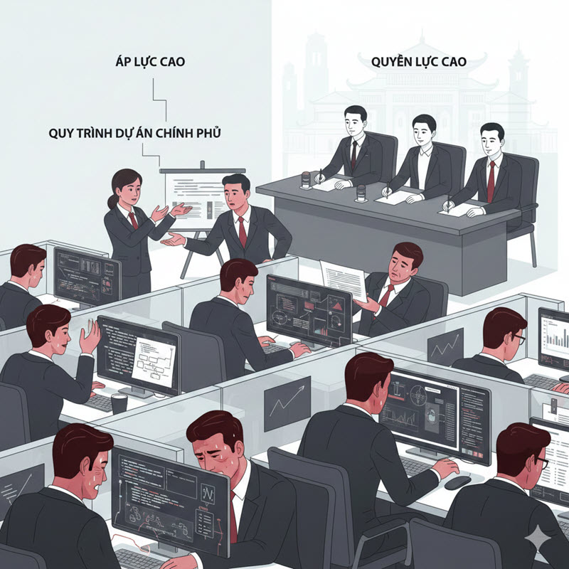 Phân tích thực tế các vai trò trong dự án phần mềm Chính phủ Việt Nam, xếp hạng mức độ áp lực, rủi ro và quyền lực của PM, BA, kỹ thuật và quản lý.