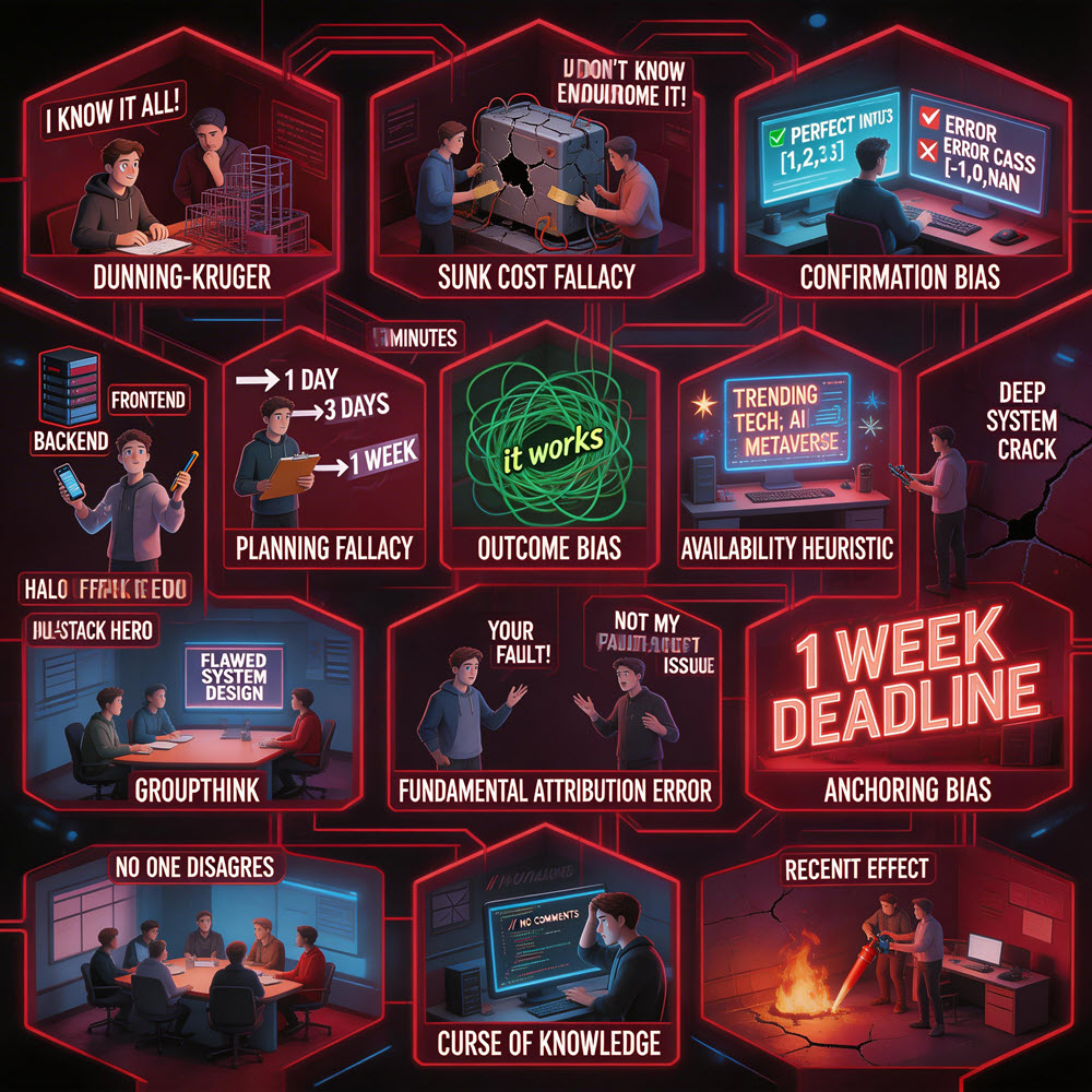 12 thiên kiến phổ biến trong phát triển phần mềm khiến dev ra quyết định sai, gây bug, trễ deadline và tăng chi phí hệ thống.