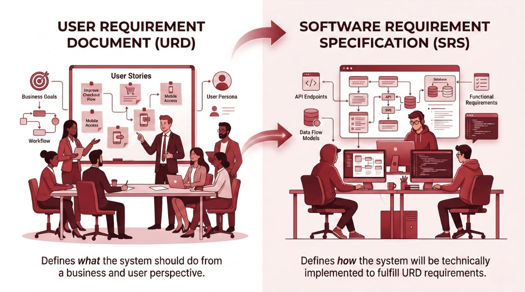 Minh họa sự khác biệt giữa URD và SRS trong dự án phần mềm: URD mô tả nhu cầu người dùng, SRS đặc tả chi tiết hệ thống để đội phát triển triển khai.
