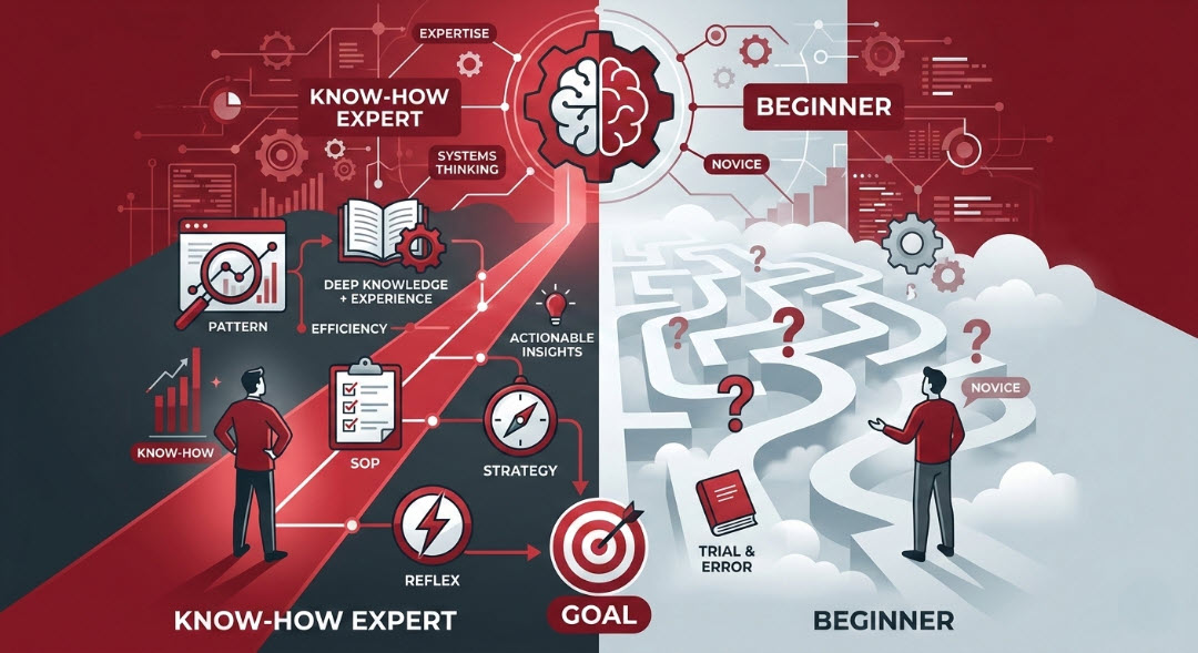 So sánh sự khác biệt giữa chuyên gia sở hữu know-how và người mới trong việc vận dụng tư duy hệ thống, phản xạ thực chiến và quy trình SOP.