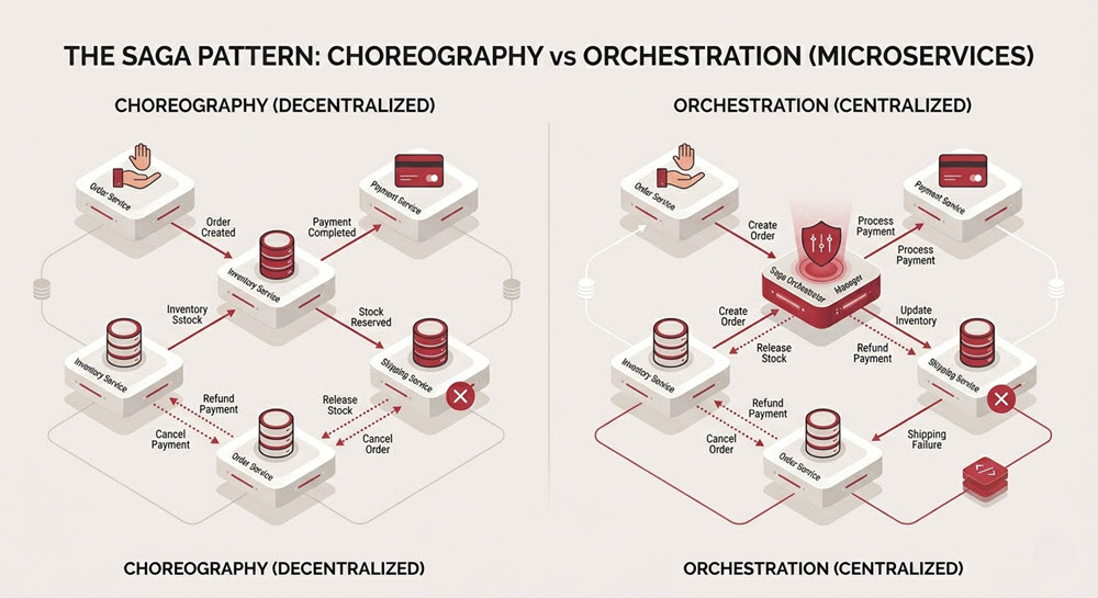 Saga Pattern chia giao dịch phân tán thành các bước cục bộ, dùng rollback bù trừ để đảm bảo nhất quán dữ liệu trong microservices.