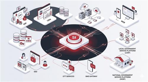 Minh họa mô hình công ty SI (System Integrator) tích hợp các hệ thống doanh nghiệp, cloud, SSO, mobile apps và nền tảng dữ liệu quốc gia.