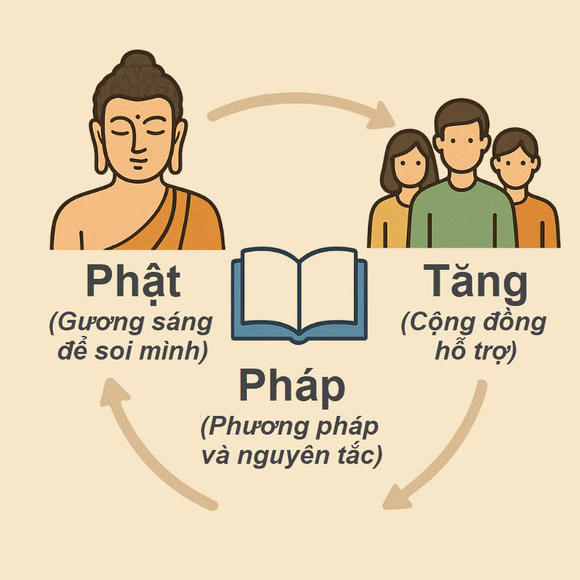 Hiểu Tam Bảo (Phật, Pháp, Tăng) trong Phật giáo và cách áp dụng trí tuệ, đạo đức, cộng đồng vào đời sống hàng ngày.