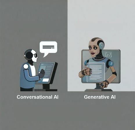 Minh họa sự khác biệt giữa Conversational AI (chatbot, trợ lý ảo) và Generative AI (tạo nội dung), cho thấy cách chúng hoạt động cùng nhau.